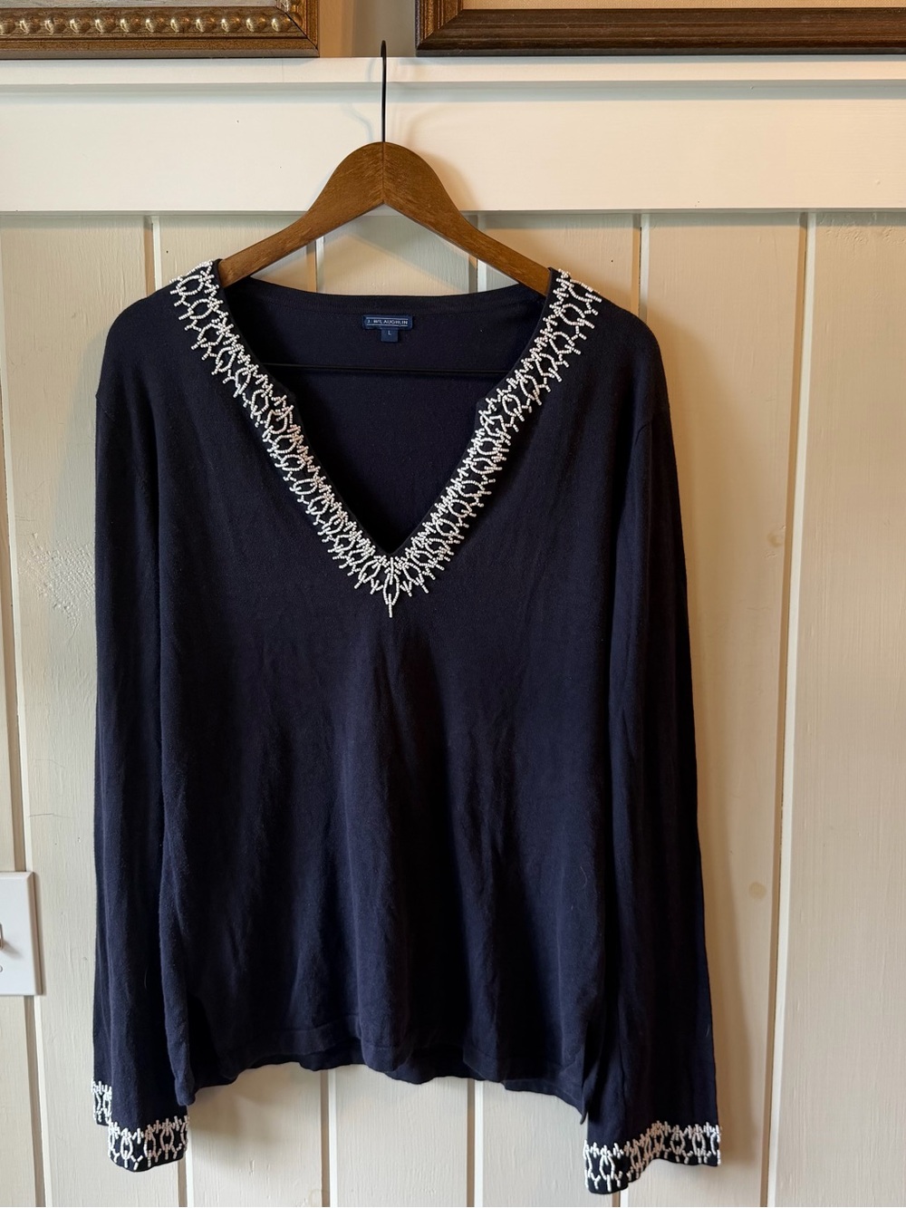 J. McLaughlin Navy Lightweight Sweater w/ Beaded Neckline & Sleeves, Size Large